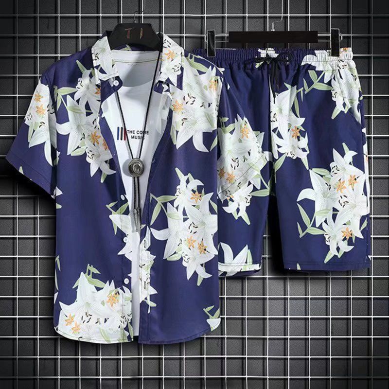 Hawaiian Style Beach Pants Men's Loose Quick-Dry Casual Suit Printed Shirt Shorts Couple plus Size Set. 