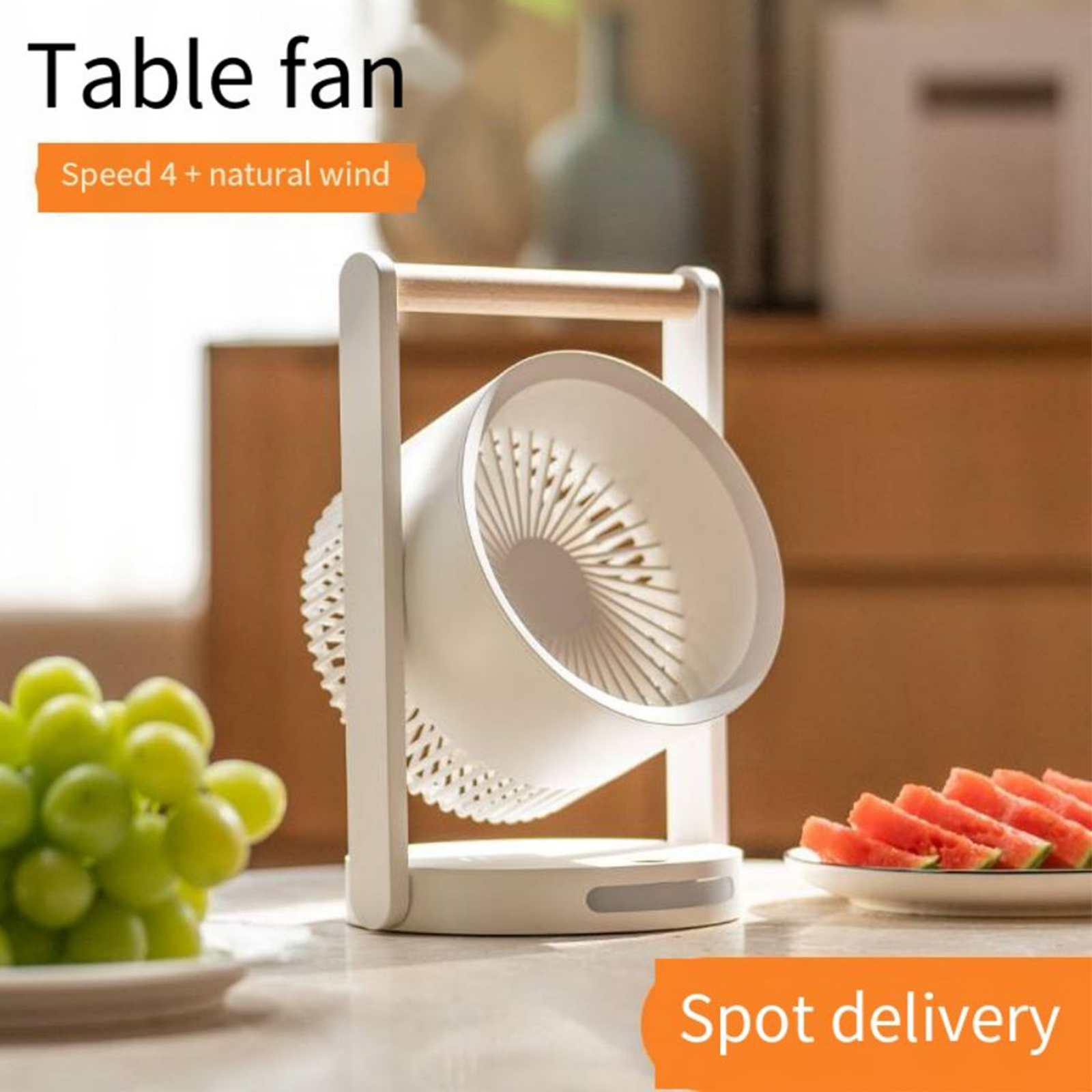 GC Mini Desk Fan, 90° Rotate Table Fan, Quiet Operation Table Fan With Wooden Handle, LED Night Light, 5 Speeds Strong Air, LED Battery Level Display. 