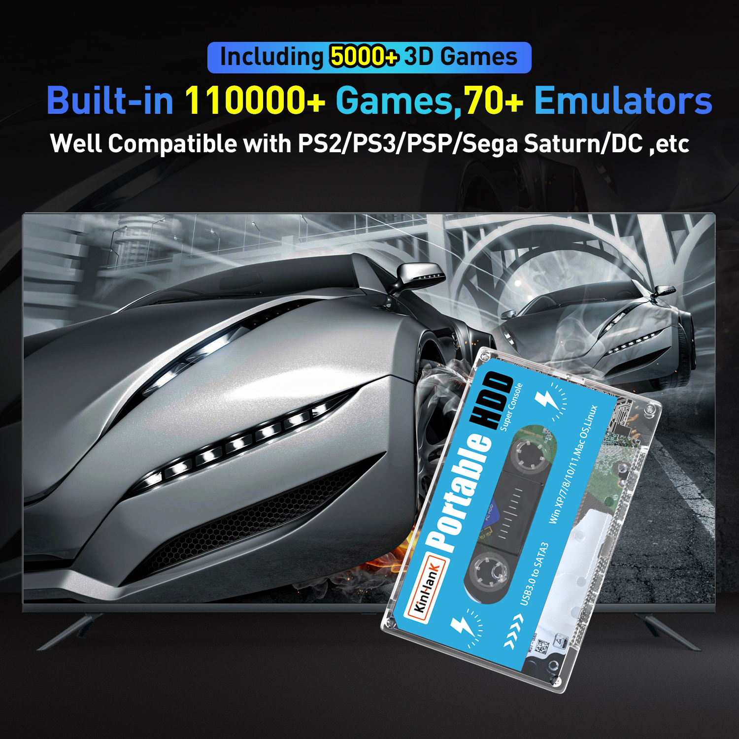 Super Console Batocera 500G External Hard Drive Disks Built-in 110000 Retro Games For PS2/PS1/PSP/SS HDD For PC Laptop Computer. 