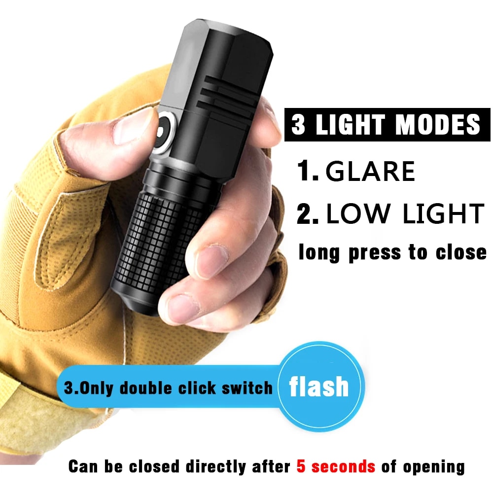 XHP50 LED USB C Rechargeable Mini 16340 18650 Battery Flashlight 1500lm Powerful Torch Can Be Closed with One Click. 