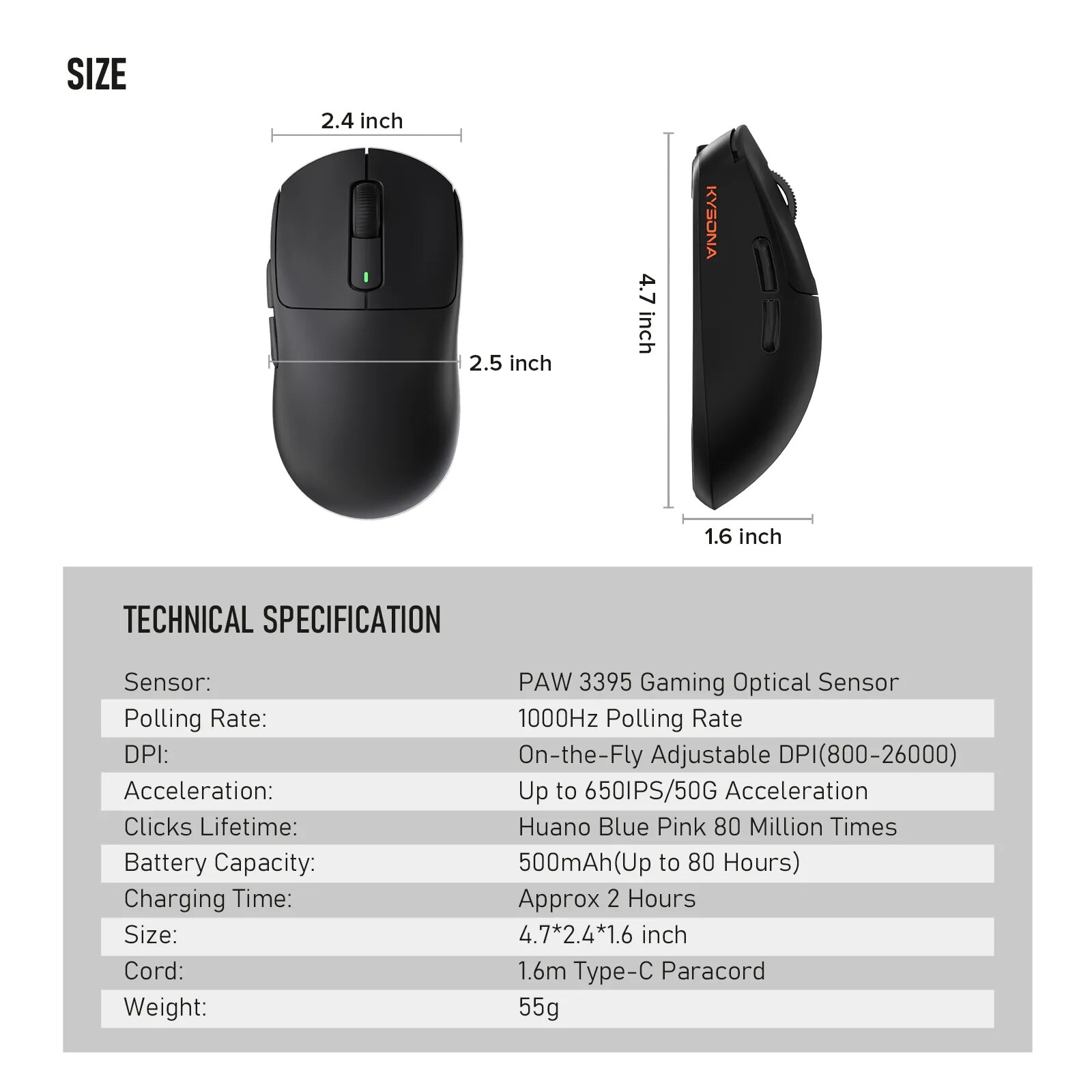 Kysona M600 Black PAW3395 Wireless Gaming Esports Mouse 55g 26000DPI 6 Buttons Optical PAM3395 Computer Mice For Laptop PC. 
