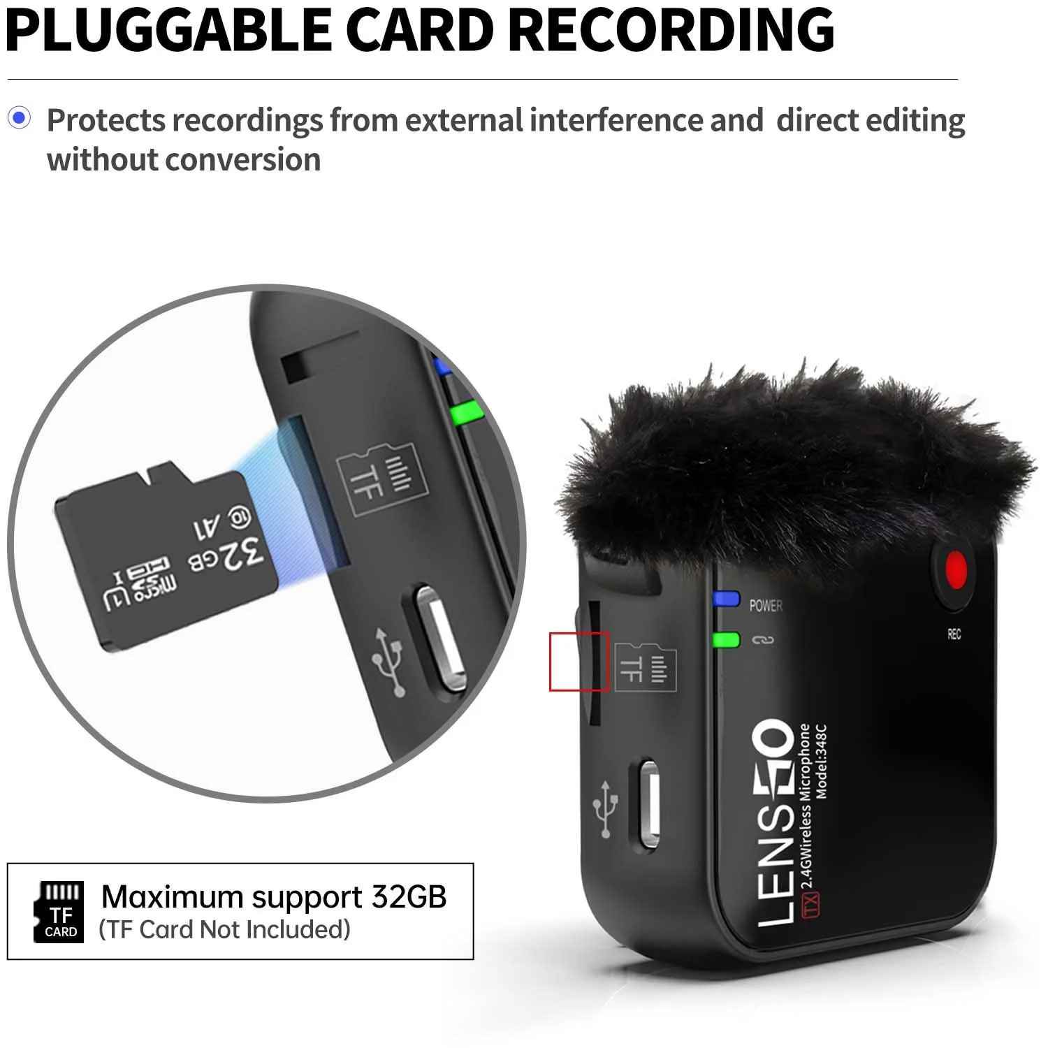 Lensgo348c Compact Digital Wireless Lapel Microphone System/Recorder With Extra Recording Button With Built in Magnet Clip (2.4 GHz, Black) Camera & SmartPhone. 