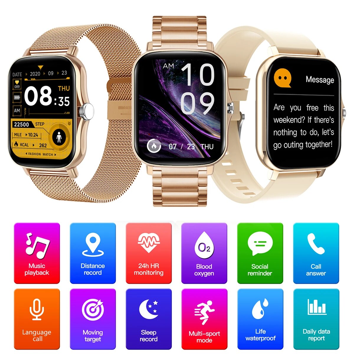 Rose Gold Color Smart Watch Women Men Smartwatch Heart Rate Smart Clock For Android IOS Fitness Tracker Dial Call Answer Call. 