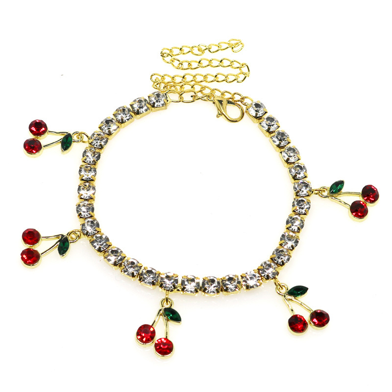 Cross-border red cherry anklet, rhinestone cherry pendant anklet, fashionable temperament, versatile shoes, sparkling diamond foot ornaments
