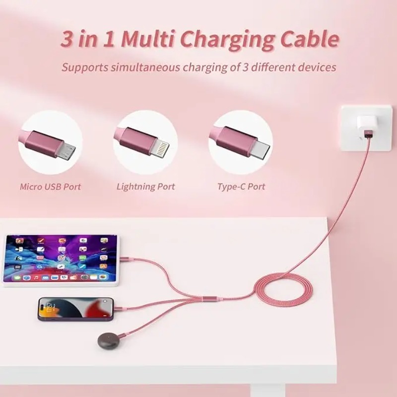 3 In 1 Pink Fast Charging USB cable Type C Usb Micro For Iphone Samsung Huawei Xiaomi Multi Port Multiple Charging Wire Line. 