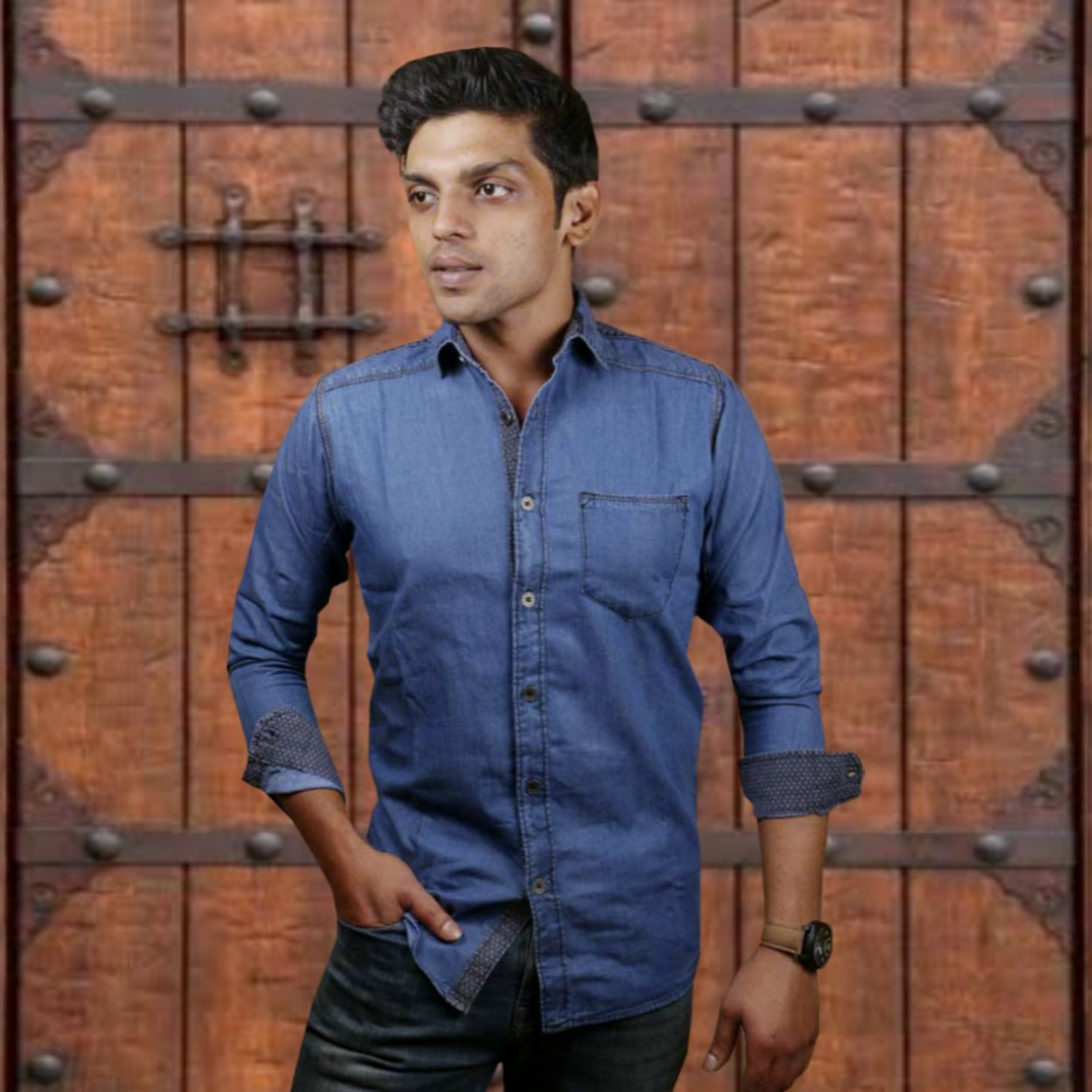 Slim-fit Soft Denim, Light Blue Solid-colour Long-sleeve Denim Shirt For Men's. - Shirt For Men. 