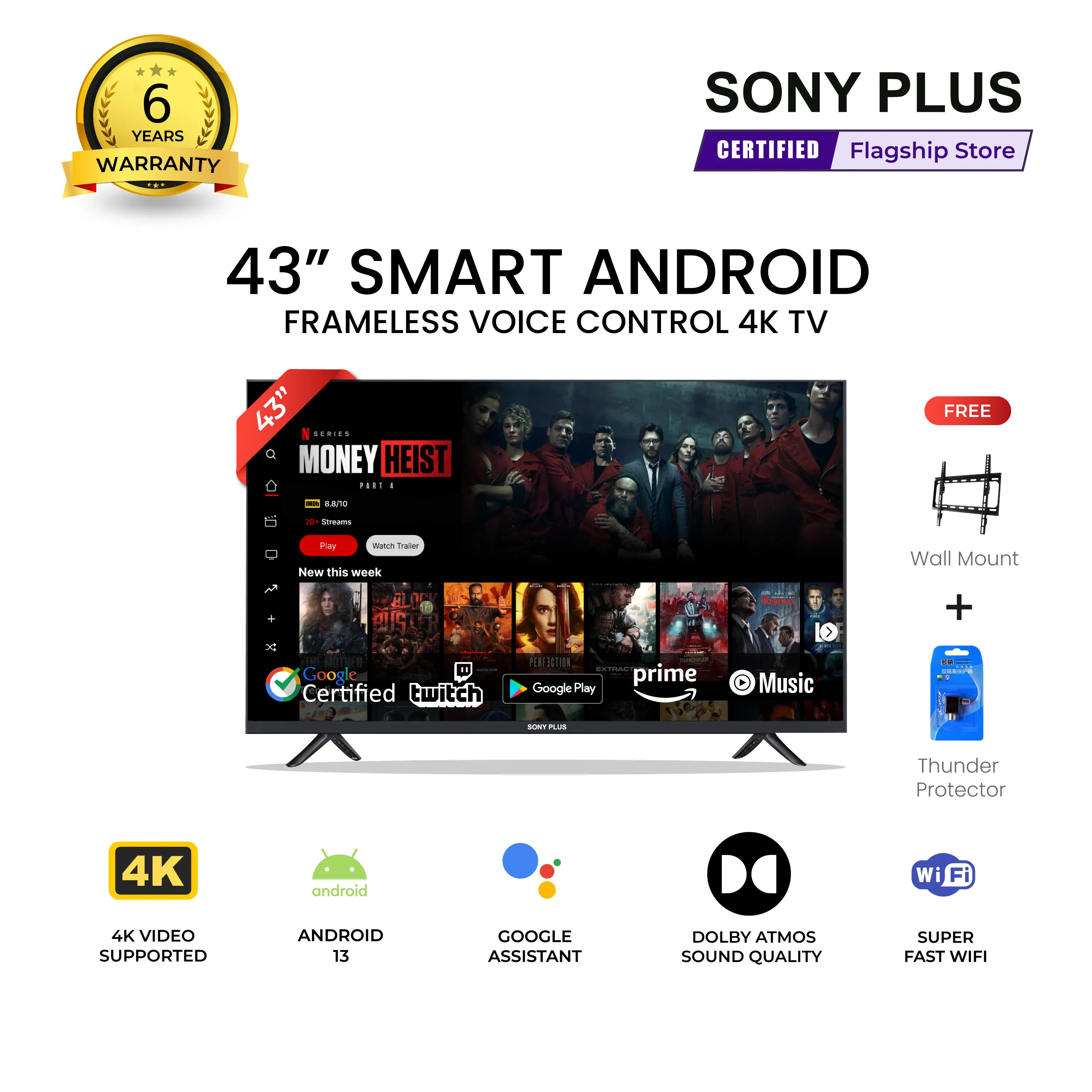 Sony Plus 43 inch Frameless Voice Control Smart LED TV Wi-Fi Full HD 4K Supported Android Television