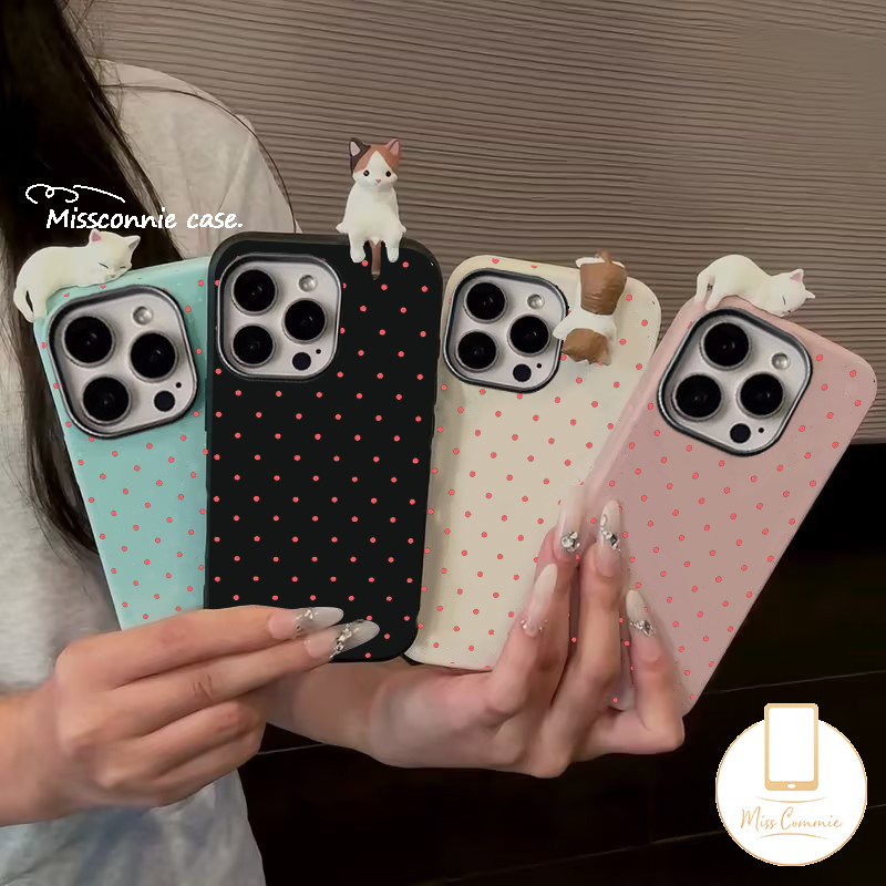 Creative Pink Dots Cat Case for Realme C63 C35 C65 C61 C53 C67 C51 C55 C15 Note 60 50 C20 C25 C31 C30 C21 C11 C17 C25Y C3 C21Y 11 12 5s 6i 7i 5i 5 Narzo 20 3D Doll Cute Cat Case. 