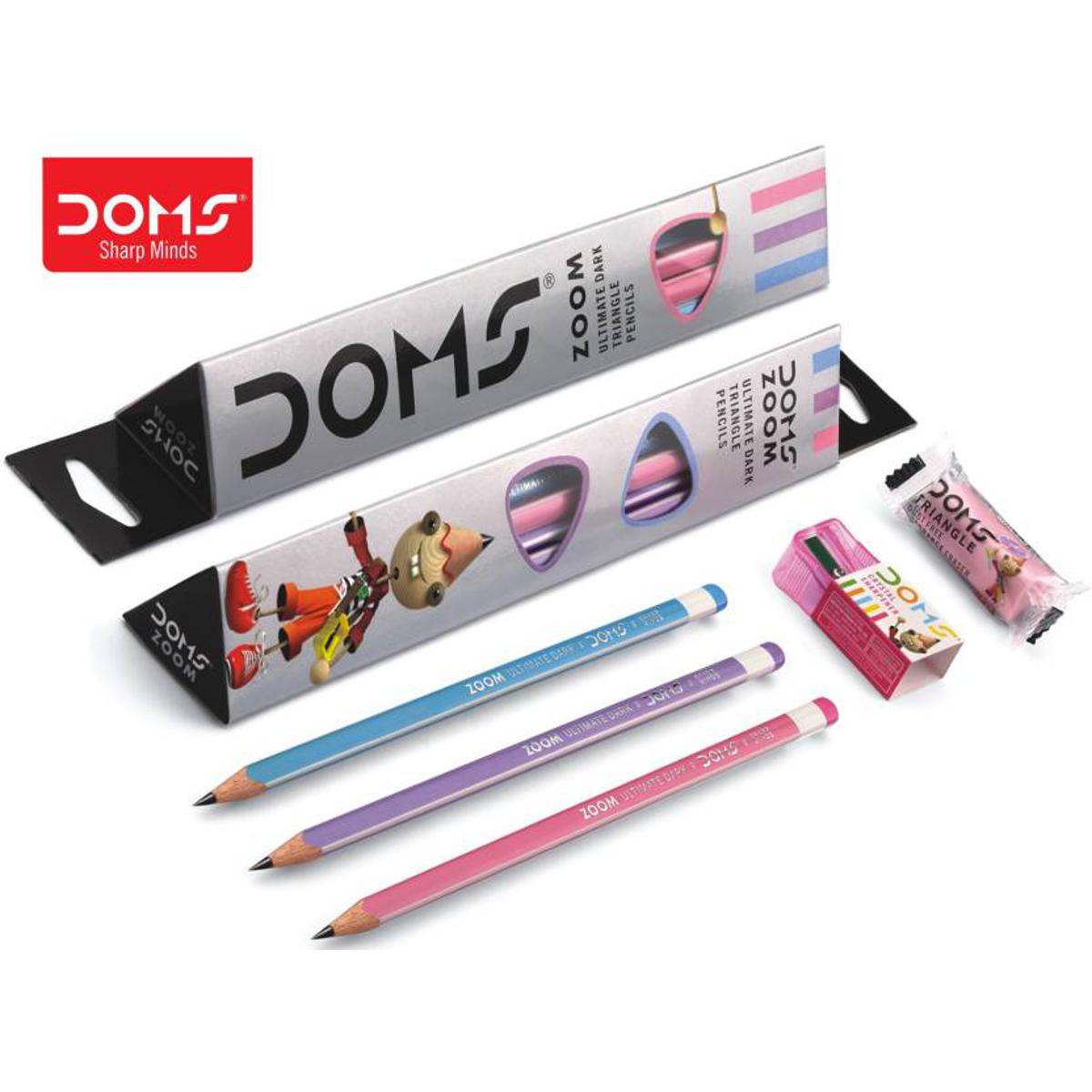 Doms Zoom Ultimate Dark Triangle Pencils - 10pcs with Free 1 Eraser and 1 Sharpener