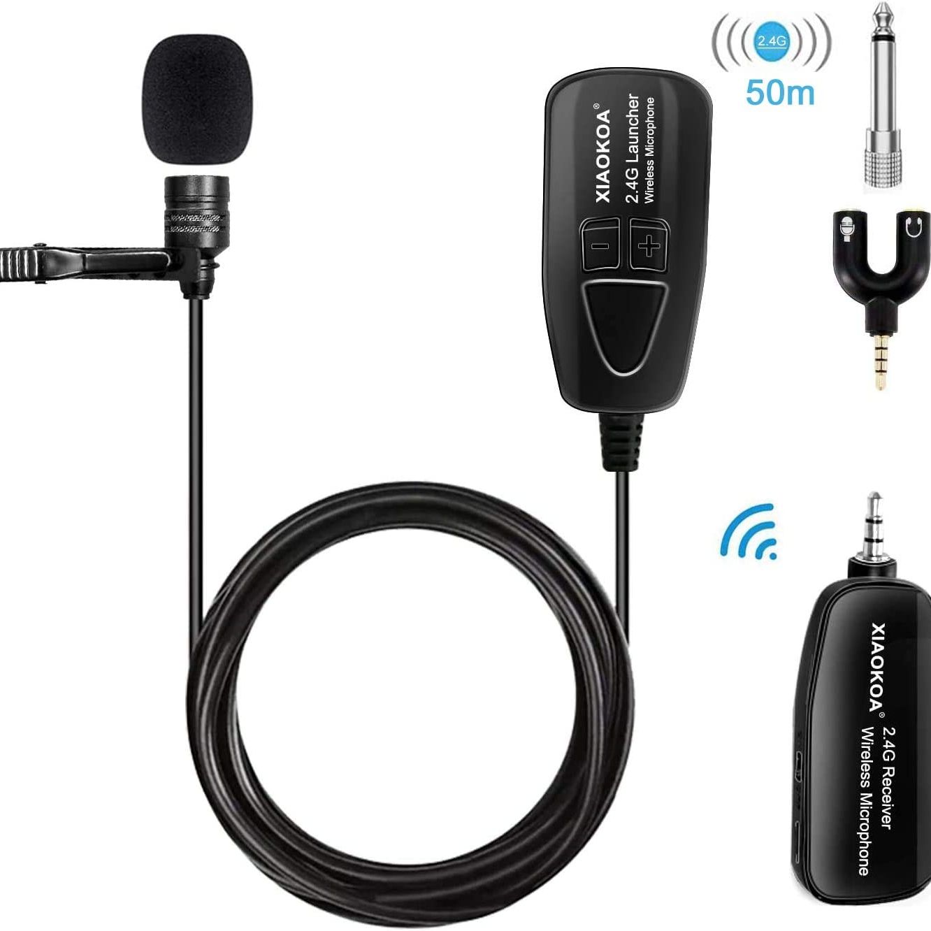 XIAOKOA 2.4G Wireless Lavalier Microphone Recording Lapel Mic with 50m Stable Wireless Transmission for Voice Amplifier Speaker. 