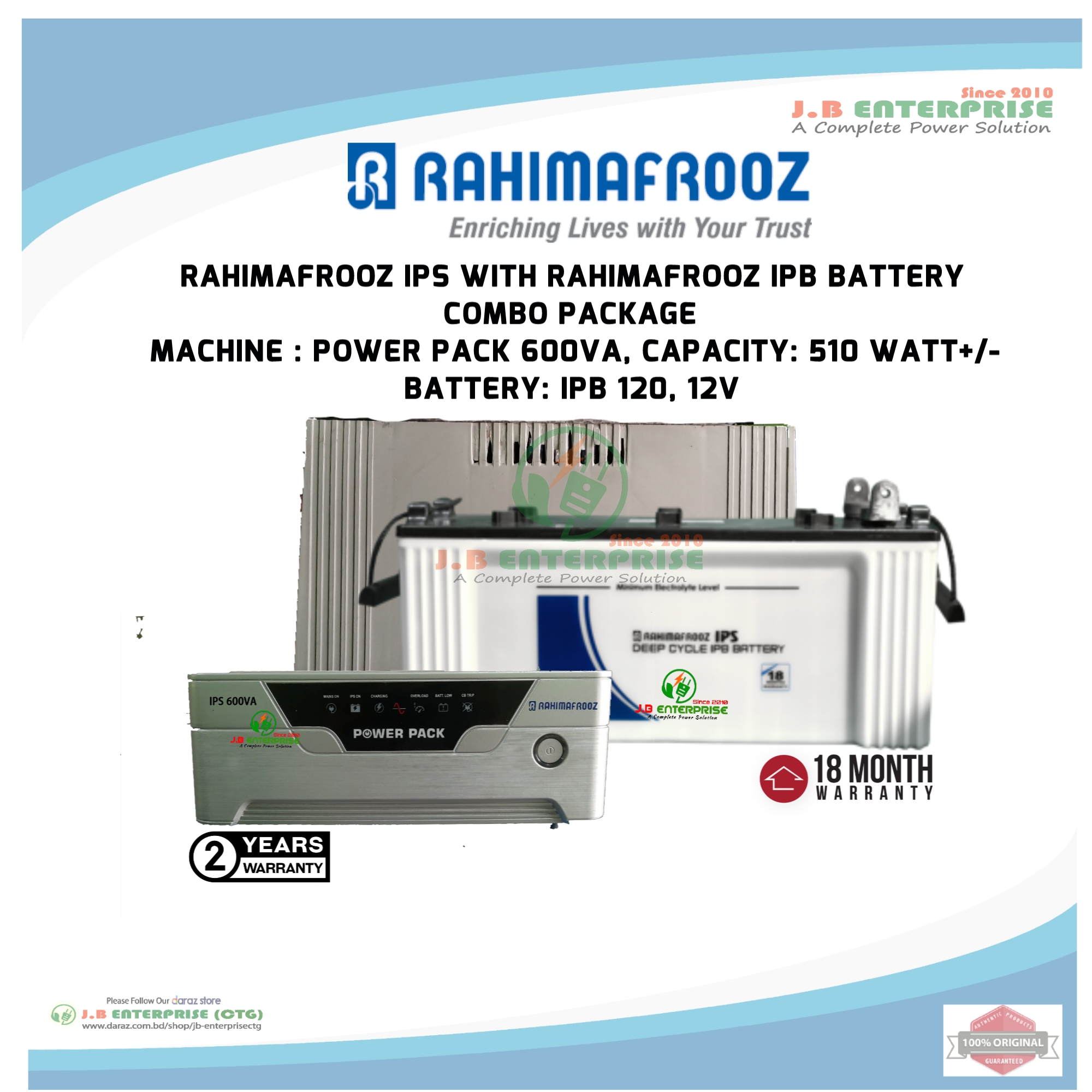 RAHIMAFROOZ IPS POWER PACK 600VA WITH RAHIMAFROOZ BATTERY IPB 120 AND JB BATTERY BOX
