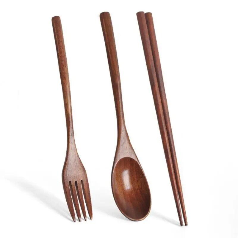 3PCS Wooden Cutlery Set Wood Chopsticks Spoon Fork Japanese Style Spoon Fork Chopsticks Set Spoon Portable Tableware With Bag. 