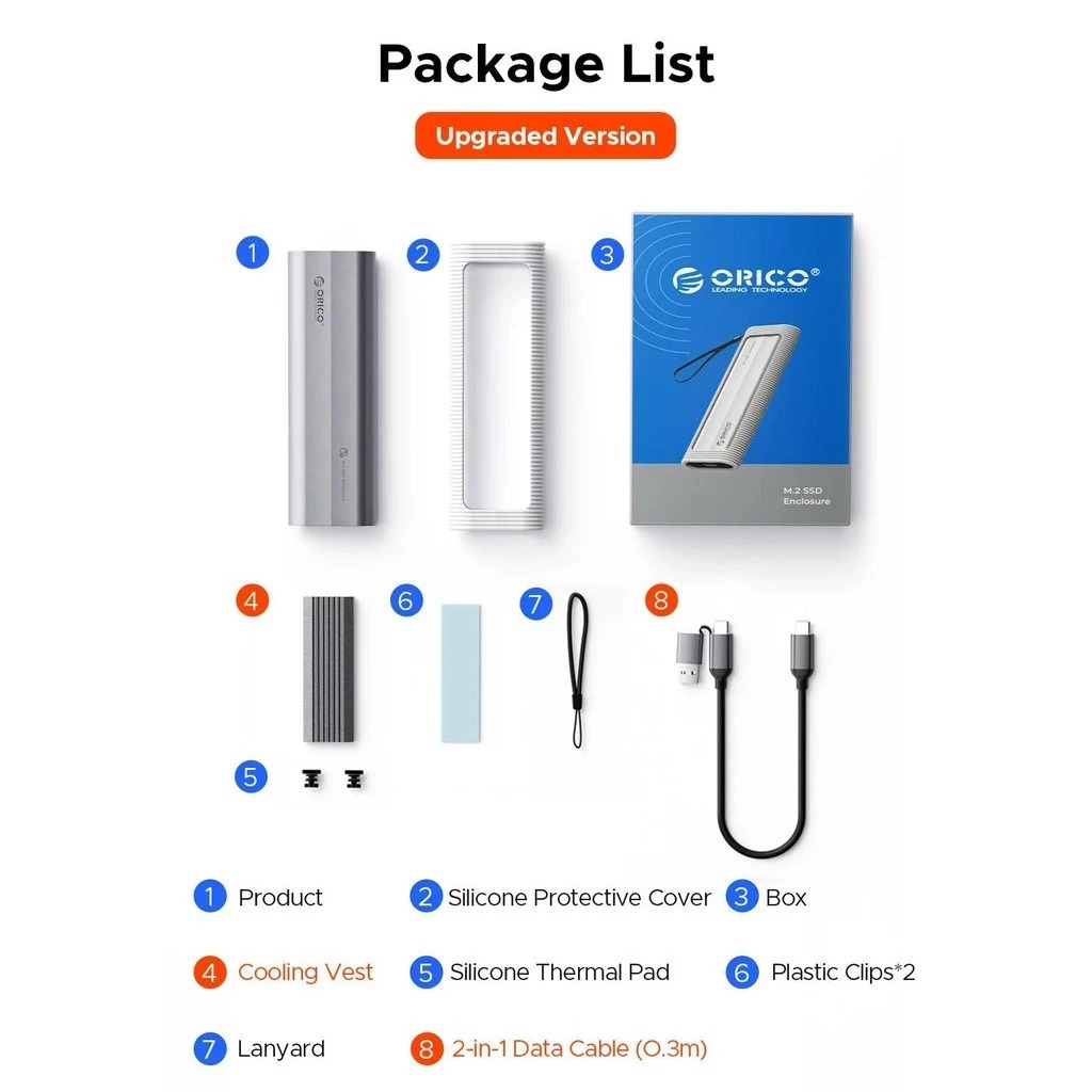 ORICO AXM2S-G2 M.2 NVMe & M.2 NGFF/M.2 SATA SSD Enclosure With Silicone Protective Case USB-C up to 10 Gbps, 2-in-1 Cable Portable Hanging Rope. 