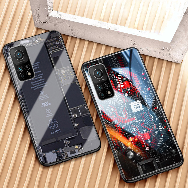 For Xiaomi 10T Case Explorer Version Theme Back Cover Tempered Glass Protector Back Cover for Mi 10T Back Cover Clear Circuit Board Design Full Coverage For s