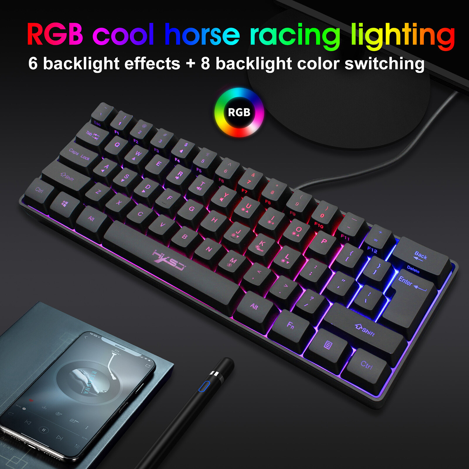 HXSJ V700 Wired Gaming Keyboard RGB Streamer Wired 61-key Gaming Keyboard for Game Office Black. 
