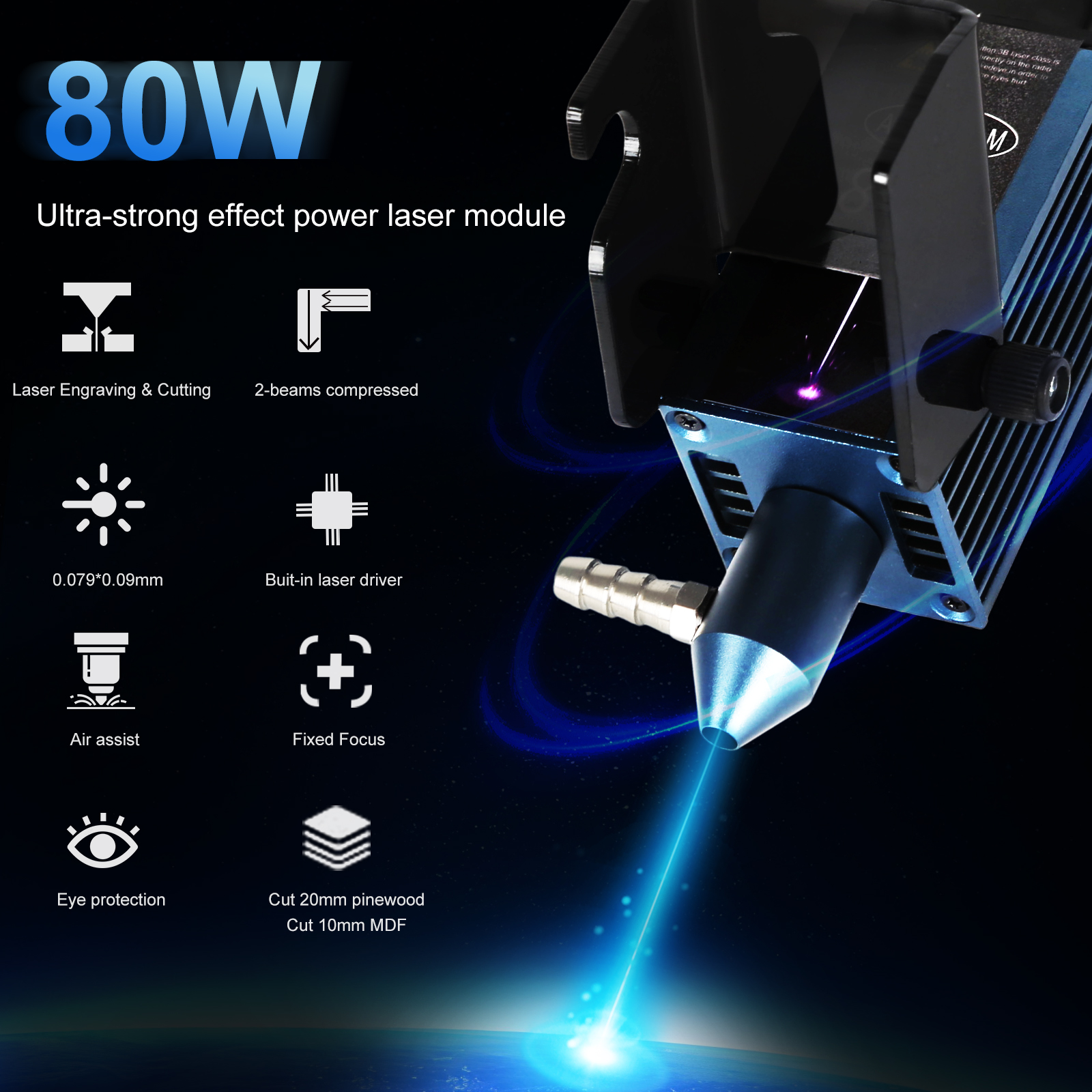 AENBUSLM 40W 80W Laser Module Laser Head CNC Laser Engraver 450nm Blue Light Nozzle Laser Cutting Machine DIY Woodworking Tools. 