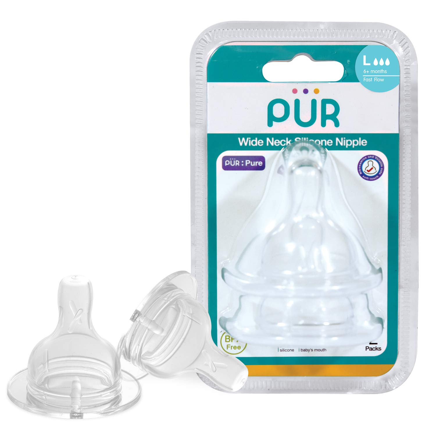 Pur Silicone W/N Nipple (2pc-L) (Fast Flow) - (3257). 