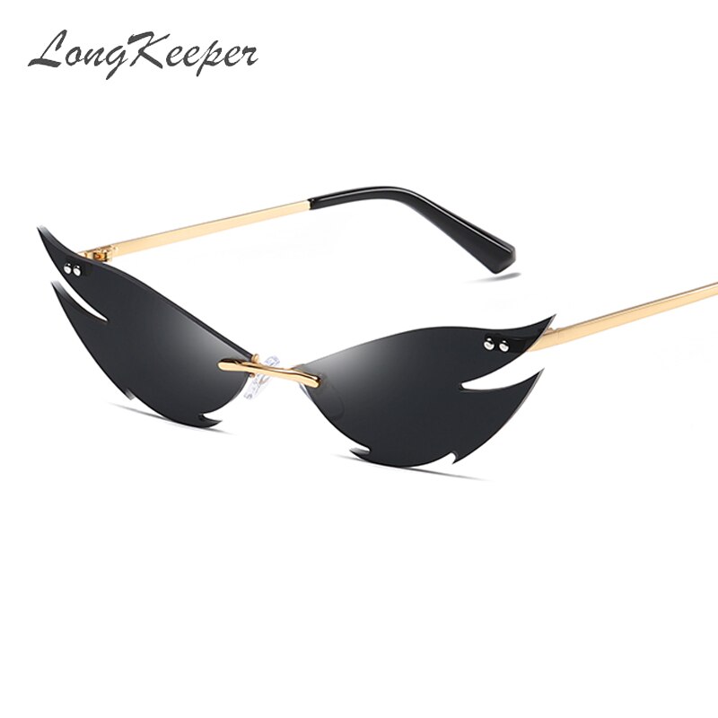 【happy one】C3 black silverLongKeeper 2020 Punk Style Sharp Shape Sunglasses Fashion Rimless Cat Eye Sun Glasses oculos feminino. 