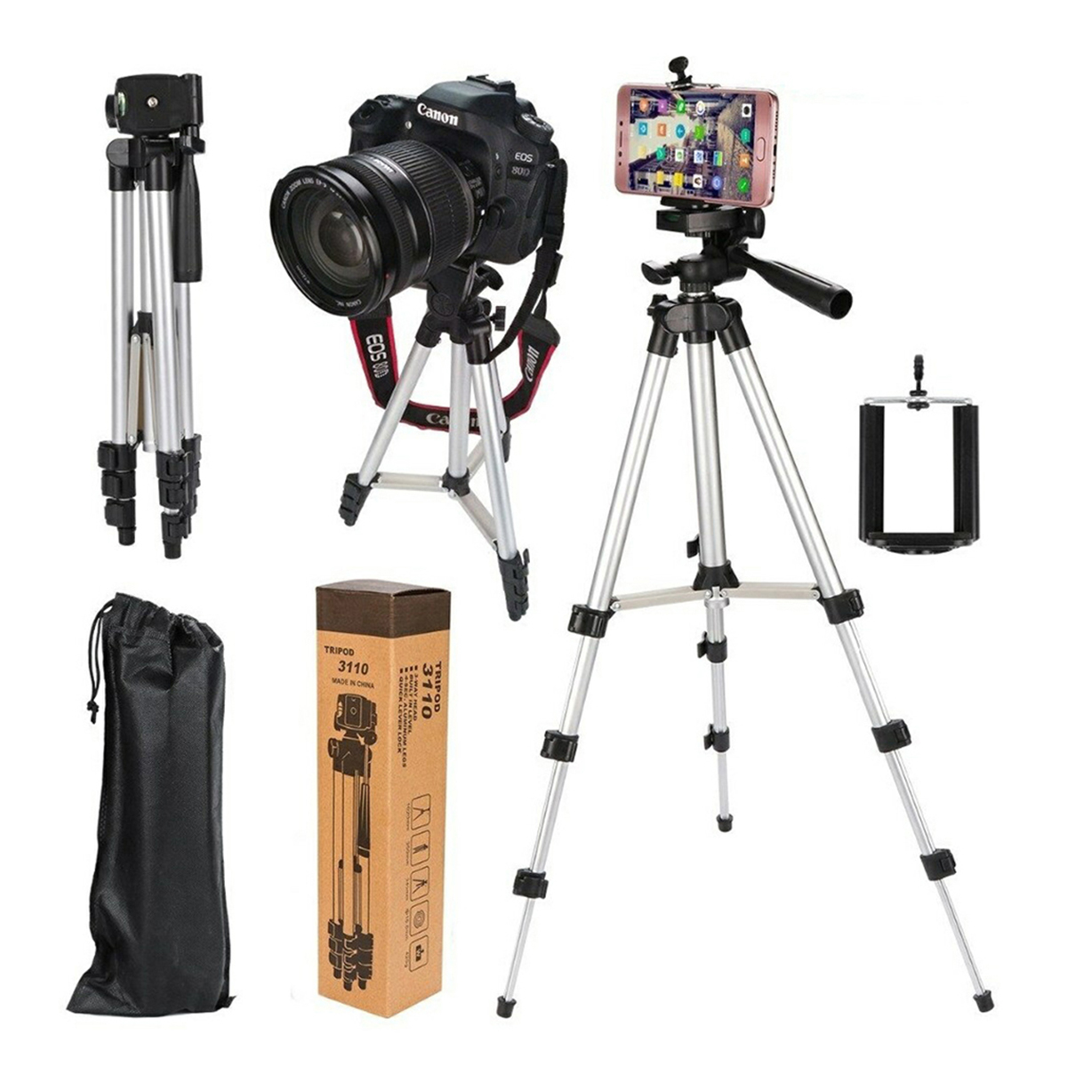 Tripod 3110 Smart Aluminium Adjustable Portable and Foldable Lightweight Tripod Stand Clip and Camera Holder. 