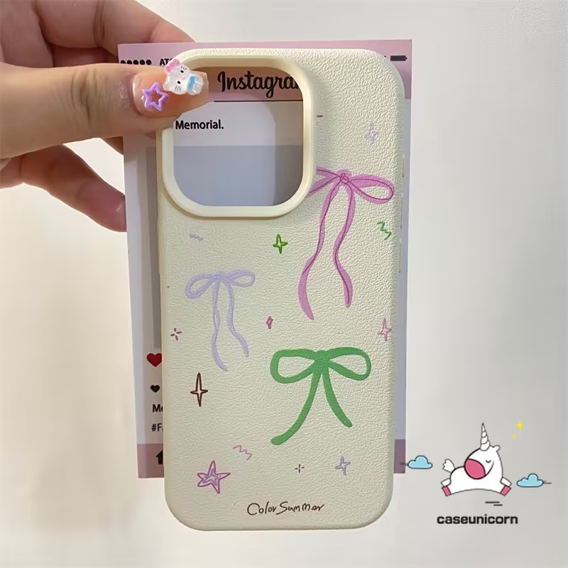 Cartoon Retro Colorful Bow Case Compatible for IPhone 15 12 13 11 14 16 Pro Max XR X 15 14 16 Plus XS Max Creative Cute Graffiti Painting Luxury Leather Texture Skin Feel Soft Case