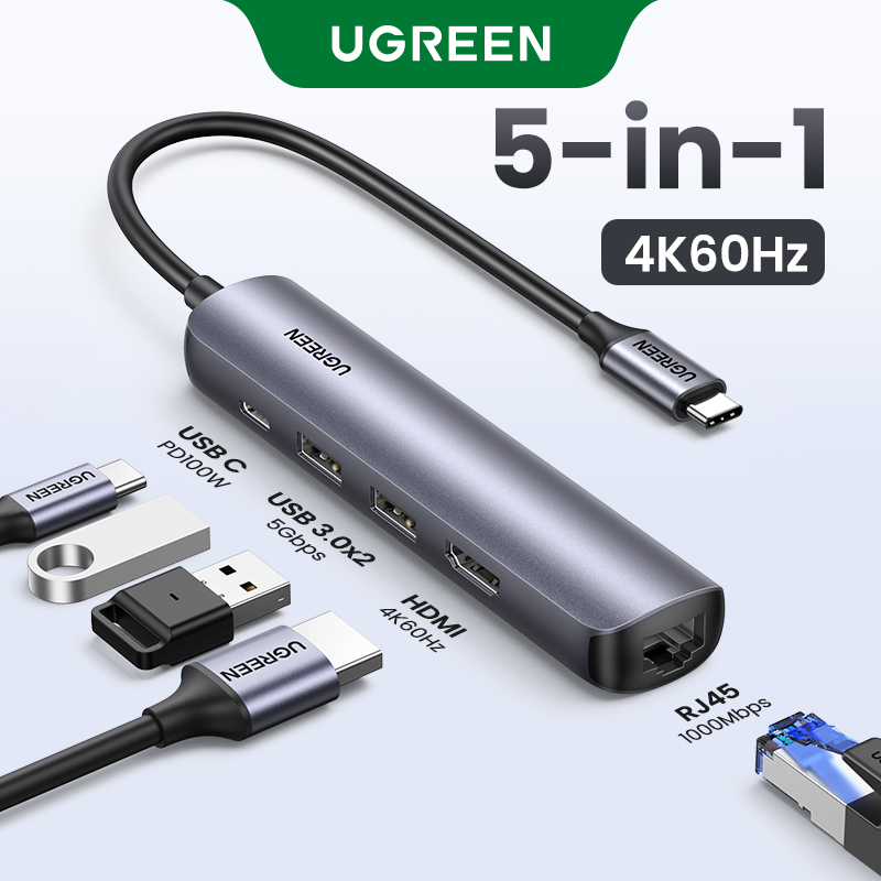 UGREEN USB C Hub Ethernet, 5 in 1 Multi Port Adapter with Gigabit Ethernet Port 4K HDMI USB C PD Charging and 2 USB 3.0 Compatible with MacBook, iPad Pro, XPS, Pixelbook, Surface, Chromebook and More