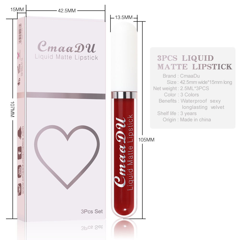 CmaaDu 3 Pcs/set liquid matte non-stick cup waterproof lipstick set. 