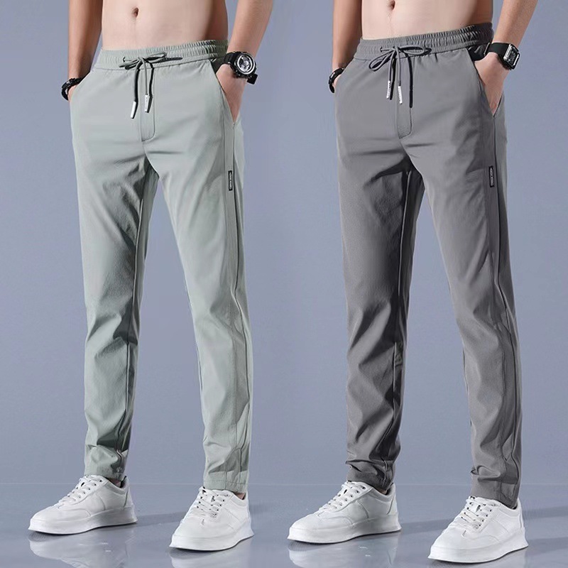 Xia Xiu thin ice silk casual pants men's work trend loose straight breathable sports cropped pants men