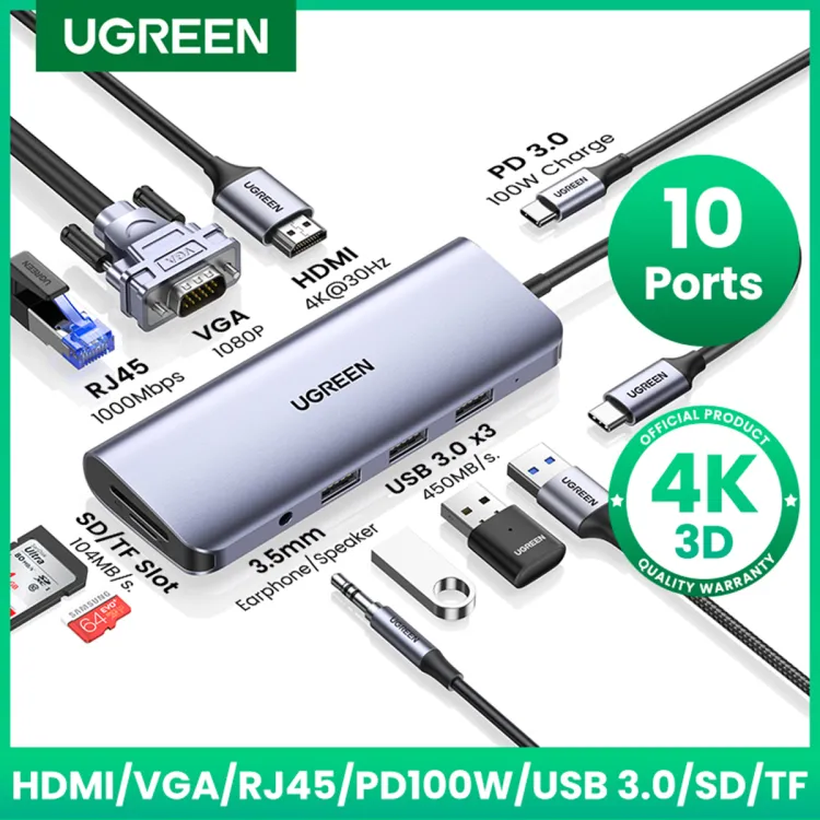 UGREEN USB C HUB 10 in 1 USB Type C to HDMI 4K USB 3.0 VGA PD 3.5