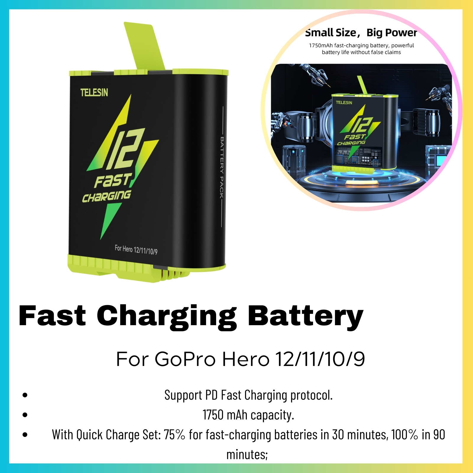 TELESIN For GoPro Hero 10 11 12 Fast Charging Box Case Charger Enduro Stamina Battery For Go Pro Hero 9 12 11 10 Power Accessory. 