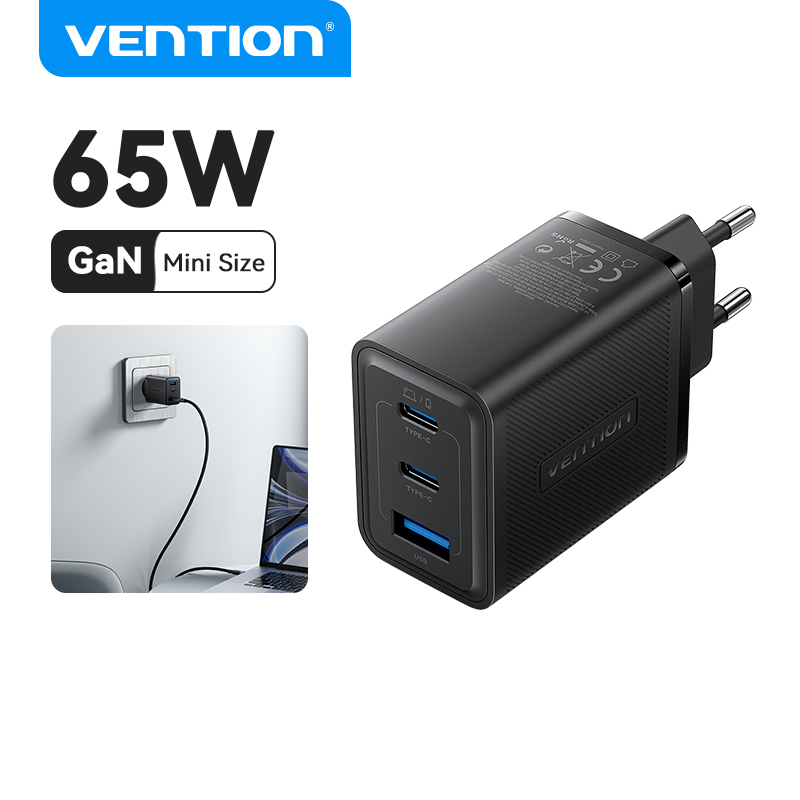 Vention 65W GaN 3 Port USB Type C Fast Charger Quick Charge 4.0 3.0 Type C PD USB Charger for iPhone 15 14 13 Pro Max Samsung S23 S22. 
