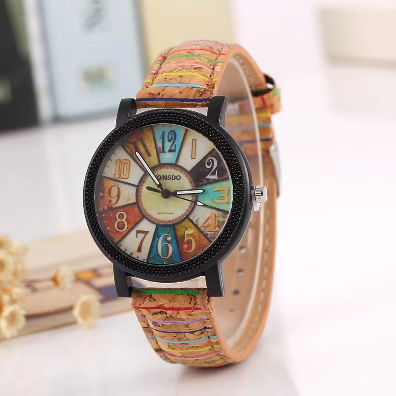Wood Grain Turntable Women's Watch Vintage Stripe Pattern Leather Watch Korean Women's Watch Tree Strap Student Watch