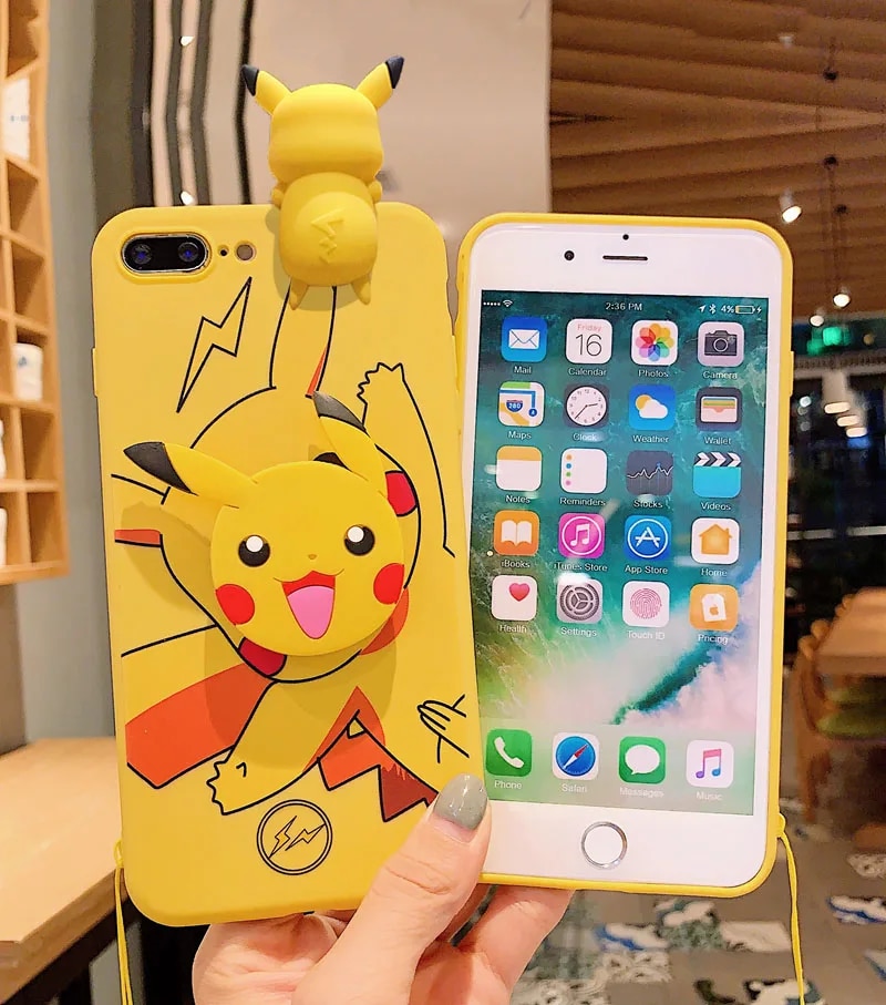 For iPhone 6 6s 7 8 X Xs Max XR 11 12 13 14 15 Pro Max SE Pokemon Pikachu Phone Case With Holder Rope. 