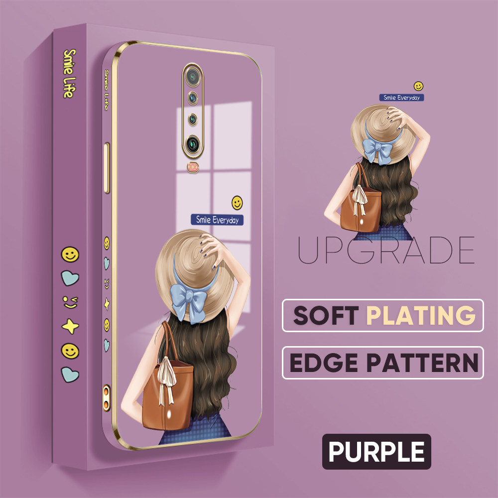 Jizetin (Free Lanyard) for Redmi K30 / Xiaomi Poco X2 Back Cover Girl In Hat Luxury 6D Plating Case Side Pattern Soft Silicone Square Mobile Phone Cases. 