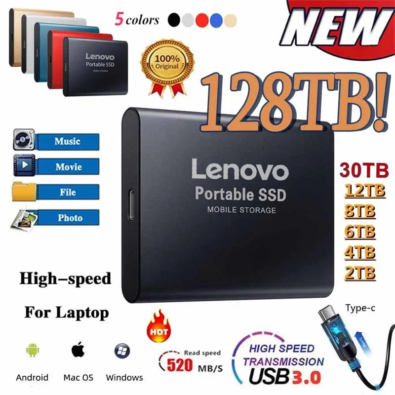 Lenovo SSD Hard Disk 1TB 2TB 500GB 128TB Hard Drive High-speed Hard Disk Portable SSD Electronics for Laptops/Computer/PC. 