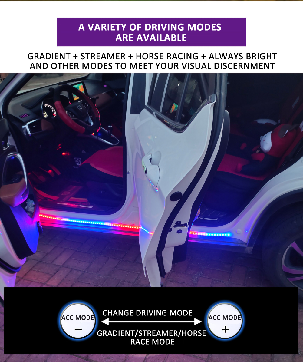 The new car LED dazzling flow of light car door lights chassis lights ambient lights illusion color flowing lights open the door lights super dazzling. 