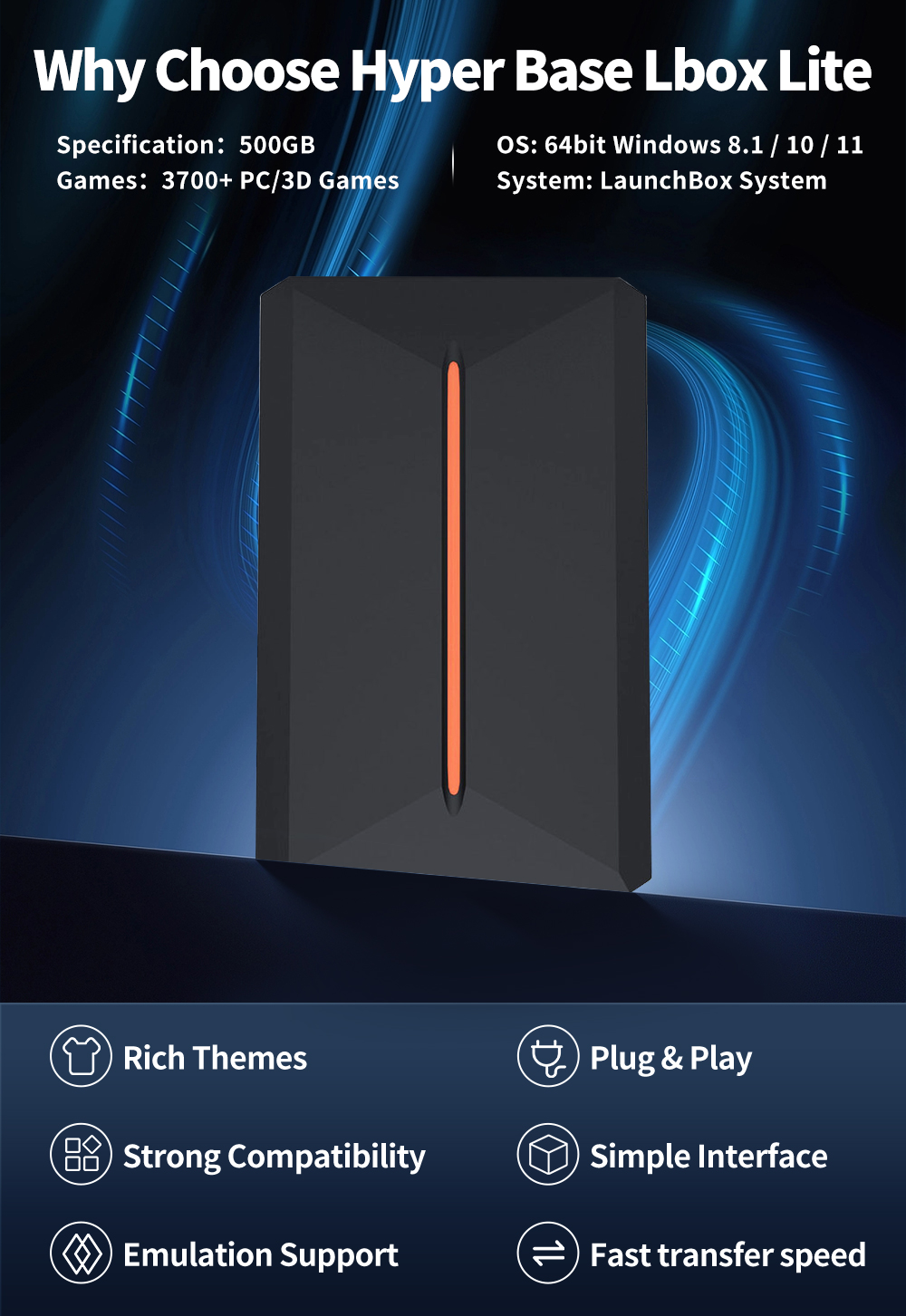 Launchbox 500G Portable Game Hard Drive Hyper Base Lbox Gaming HDD with 3700 PC/3D Game for PS4/PS3/PS2/Wii/WiiU/Switch/Gamecube. 