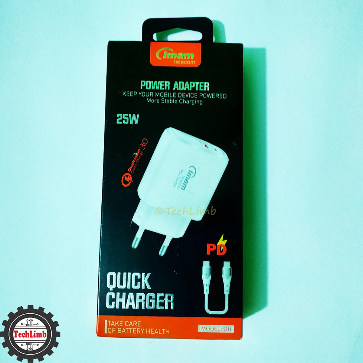 Fast Charger S111 PD 25W Adapter with Type-C Cable & USB Port – 5V/3A 9V/2.77A for Stable & Fast Charging – TechLimb