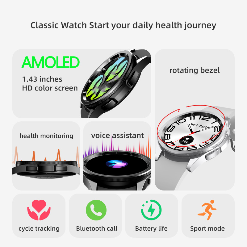 JS Watch 6 Max AMOLED Smart Watch Rotating Bezel 1.43 Inch Dual Buttons Men Bluetooth Wireless Charging Smartwatch Sports Women. 