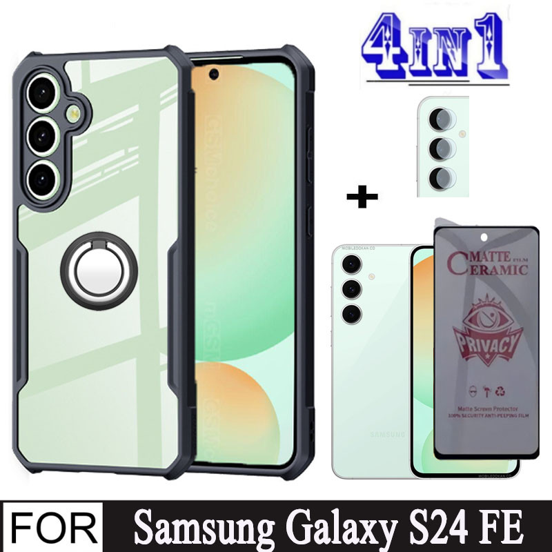 Samsung Galaxy S24FE Shockproof Phone Case for Samsung S24 FE S23FE 4 in 1 Camera Lens Soft Tempered Glass Privacy Screen Protector and Mobile phone holder