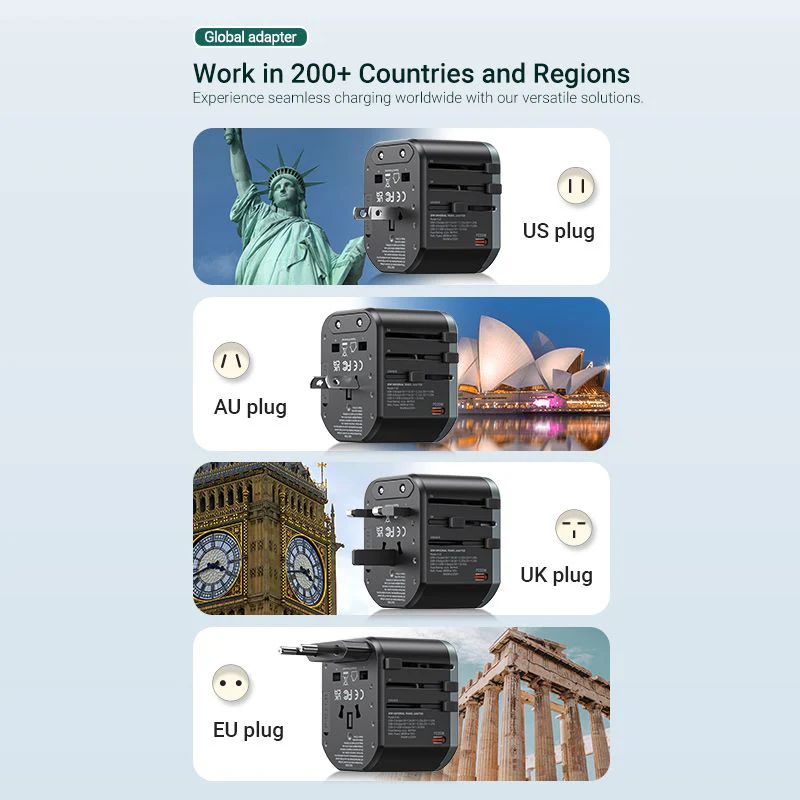 Vention FJCB0 3-Port USB (C + A + A) Universal Travel Adapter (20W/18W/18W) - Black - Universal Travel Adapter - Fast Charging for All Three Ports. 