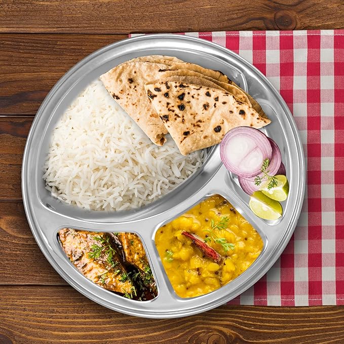 2 PCS Stainless Steel Divided Plates Round Thali Plate, 4 compartment Thali, BPA Free, Diet Food Control, Camping Dishes, Compact Serving Platter, Dinner Snack,