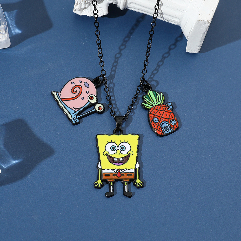 Spongebob Squarepants Metal Keychain Necklace Set Gary the Snail Pineapple House Enamel Pendant Key Chain Car Keyholder for Men. 