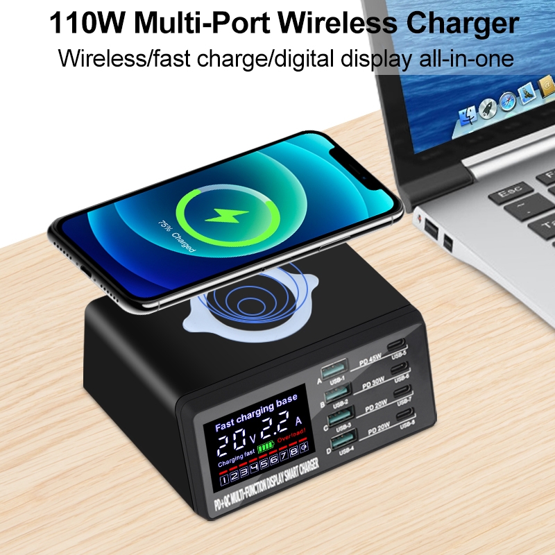 X9D 110W Multi-ports Smart Charger Station + Wireless Charger AC100-240V, US Plug. 