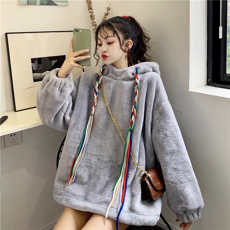 2024 Lambswool Hooded Sweatshirt Women's Autumn and Winter Thickened and Fleece Jacket Lazy Style Loose Korean Version Versatile. 