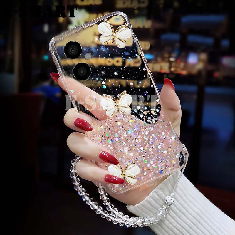 Phone Case For Xiaomi Poco M4 5G Back Cover Shiny Ring Cases Glitter Soft Transparent Butterfly Casing for Xiaomi Poco M4 5G Back Cover + Free Crystal Chain