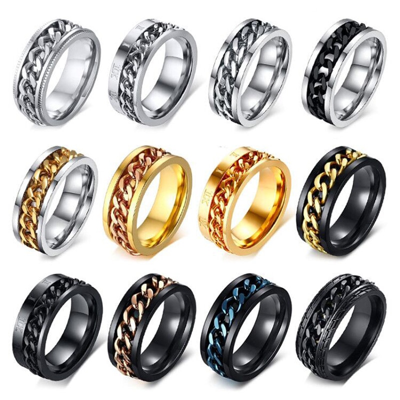 Spinner Chain Ring Men, Stainless Steel Fidget Ring ,Black/Blue/Silver Color Not Fade Reliever Stress. 
