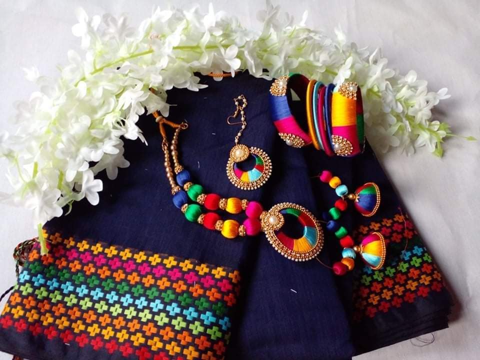 Combo Set-Exclusive Design Plus Pair Nokshi Saree, Gajra Jewellery Bangles. 