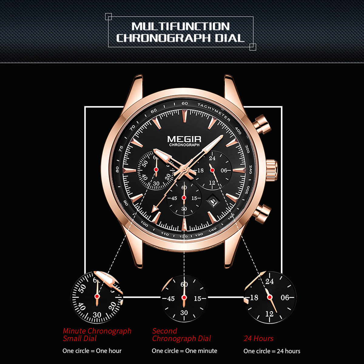 MEGIR WATCH MS2153 for Men (Rose gold case and black mesh band). 