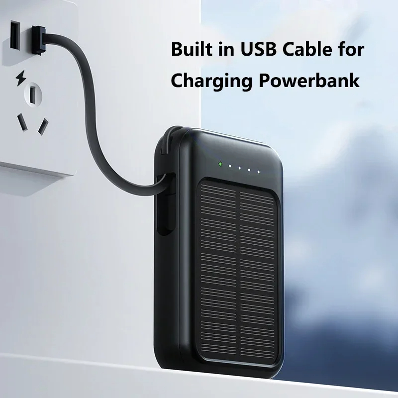 50000mAh Solar Move Power Bank with Built-in 4-cables With Lanyard Portable Mini Super Fast Charging Suitable For iPhone Samsung. 