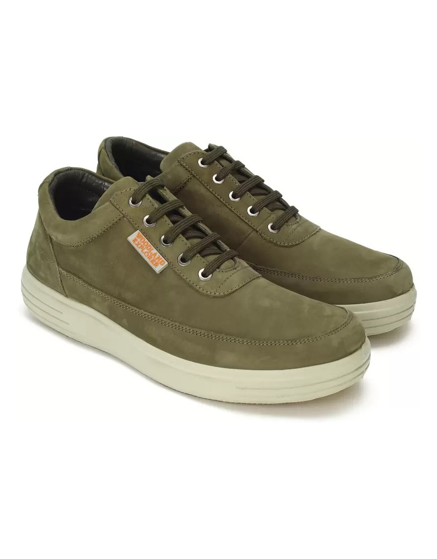 Woodland Men Nubuck Leather Sneakers - 3237119 Olive Green - Shoes. 